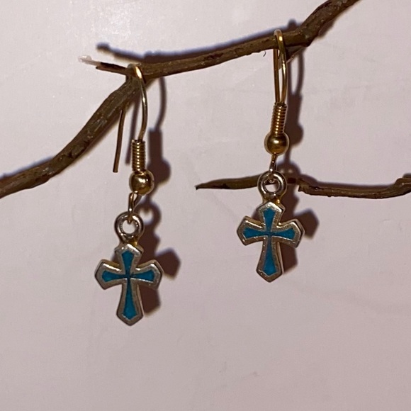 Dainty Gold and Turquoise Cross Dangle Earrings - Picture 2 of 6
